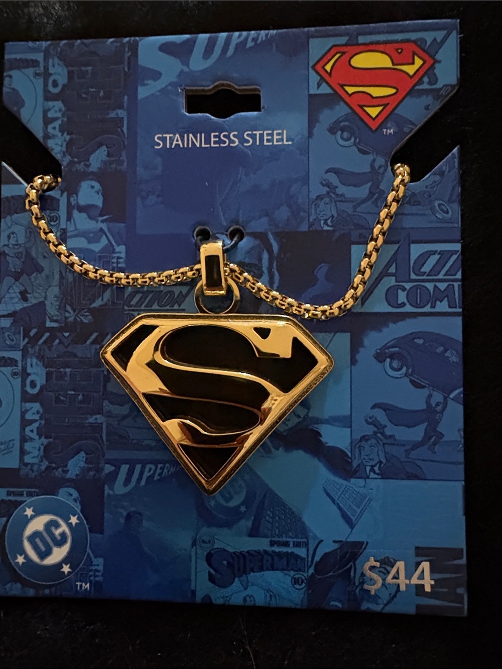 DC Gold and Black Stainless Steel Superman Shield Pendant Necklace 22”